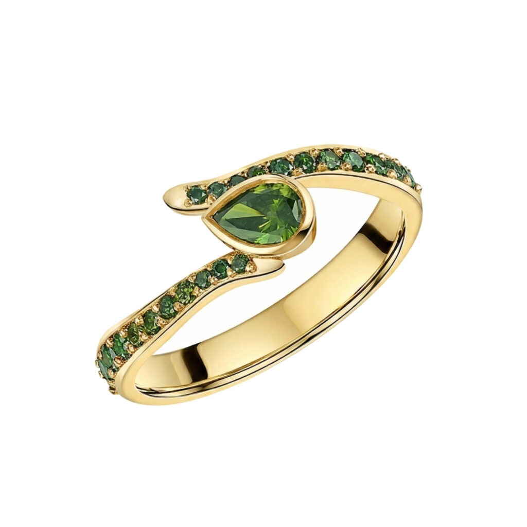 Serpent Ring in Recycled 9ct Yellow Gold with Natural Green Diamonds